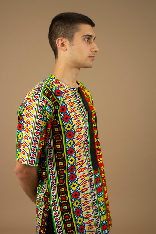 The Akala African Print Kaftan Top is ethically printed in a repeated multicolored geometric Kente African pattern with a Matte Black trim, wax printed body shirt made from sustainable Ankara wax printed cotton.. Designed in England Made in Nigeria. Available in standard and plus sizes (UK XS-5XL).