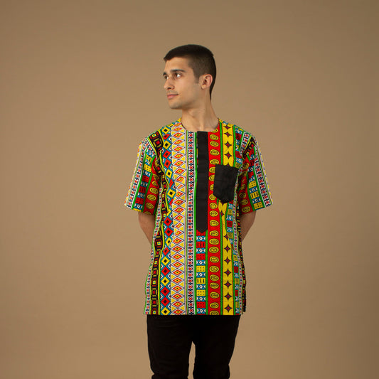 The Akala African Print Kaftan Top is ethically printed in a repeated multicolored geometric Kente African pattern with a Matte Black trim, wax printed body shirt made from sustainable Ankara wax printed cotton.. Designed in England Made in Nigeria. Available in standard and plus sizes (UK XS-5XL).