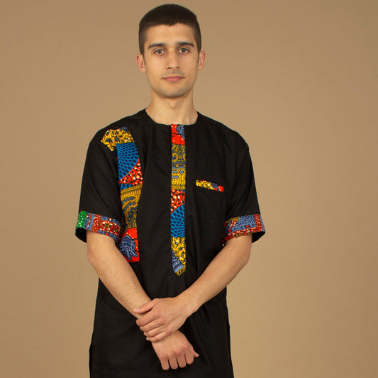 The Sade Patchwork Kaftan Top is a linen fabric trimmed with sustainable Ankara wax print in a vibrant multi-coloured mandala patchwork pattern. Designed in England Made in Nigeria, Available in standard and plus sizes (UK XS-5XL).