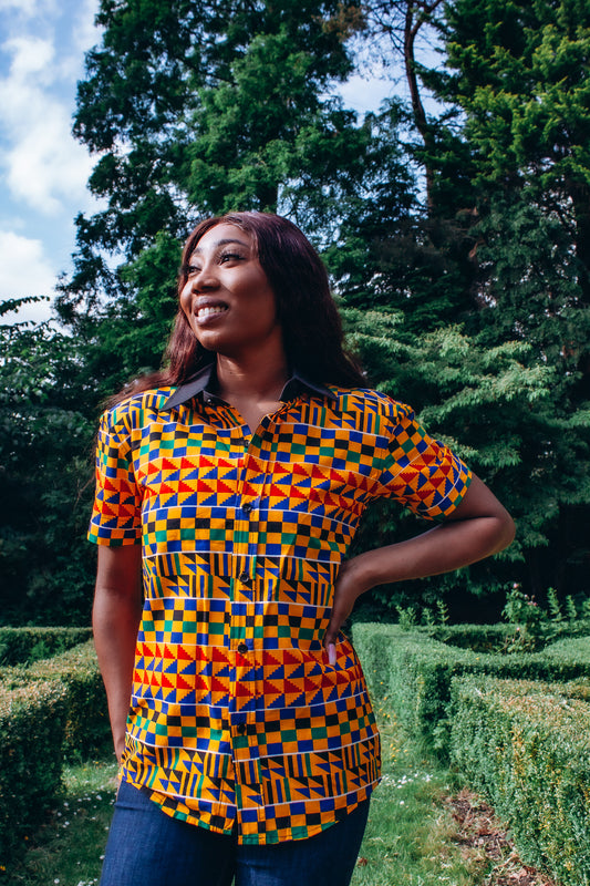 Kente African Printed black round neck collared slim fitted Shirt made from yellow , red, blue, green, white and black Kente African Ankara wax printed Fabric.