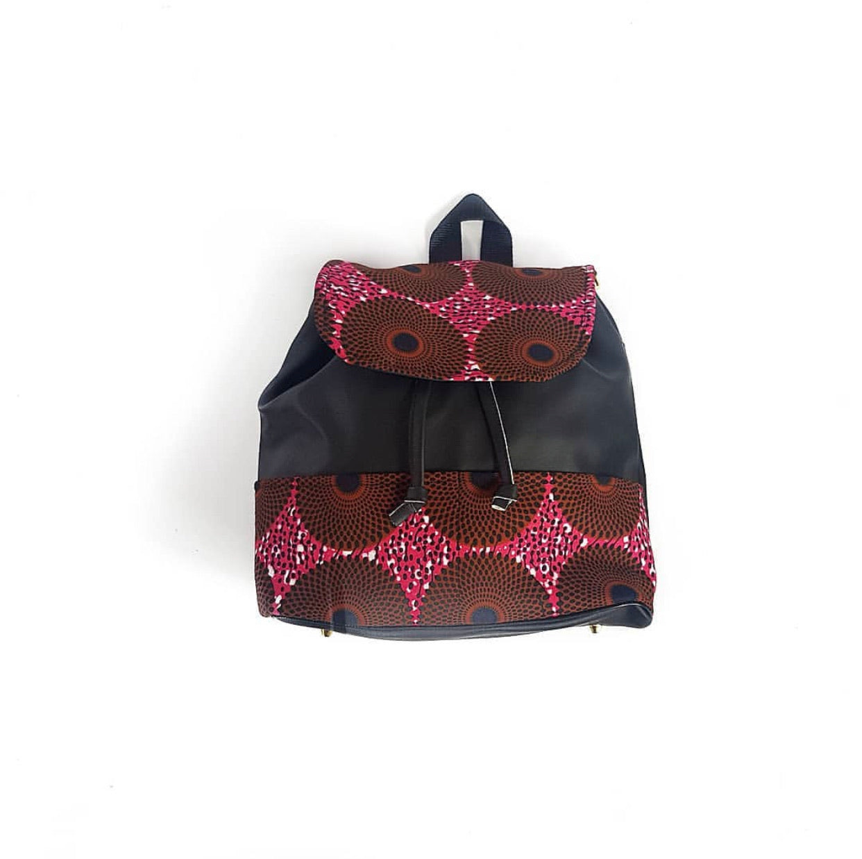 Black multiway backpack with african print overlay in pink and brown ankara wax print