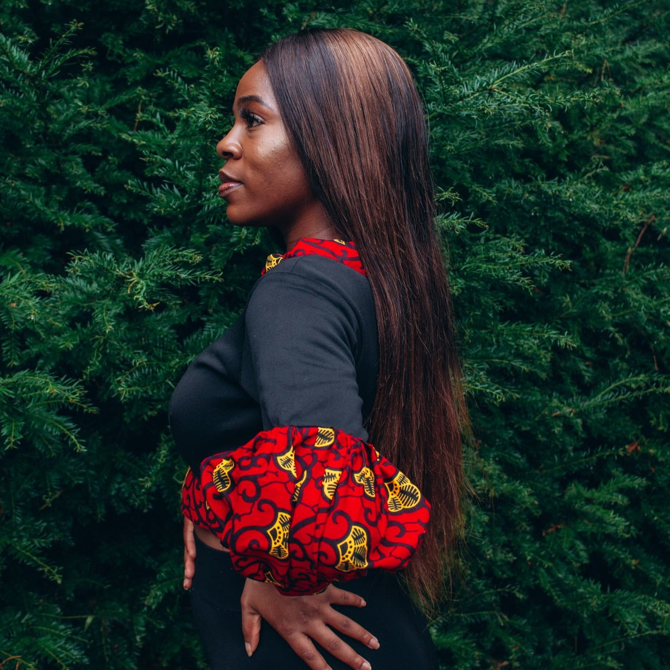Black Crop Top with Ana African Print Sleeve
