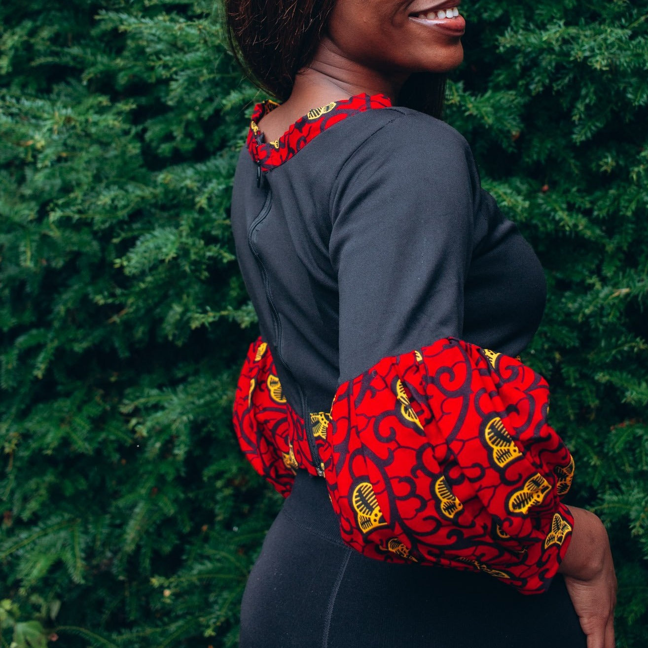 Black Crop Top with Ana African Print Sleeve