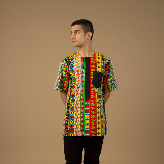 The Akala African Print Kaftan Top is ethically printed in a repeated multicolored geometric Kente African pattern with a Matte Black trim, wax printed body shirt made from sustainable Ankara wax printed cotton.. Designed in England Made in Nigeria. Available in standard and plus sizes (UK XS-5XL).