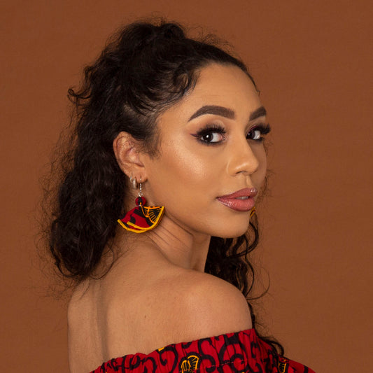 African print butterfly earrings with a striking red, yellow and black ankara fabric
