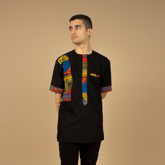 The Sade Patchwork Kaftan Top is a linen fabric trimmed with sustainable Ankara wax print in a vibrant multi-coloured mandala patchwork pattern. Designed in England Made in Nigeria, Available in standard and plus sizes (UK XS-5XL). 