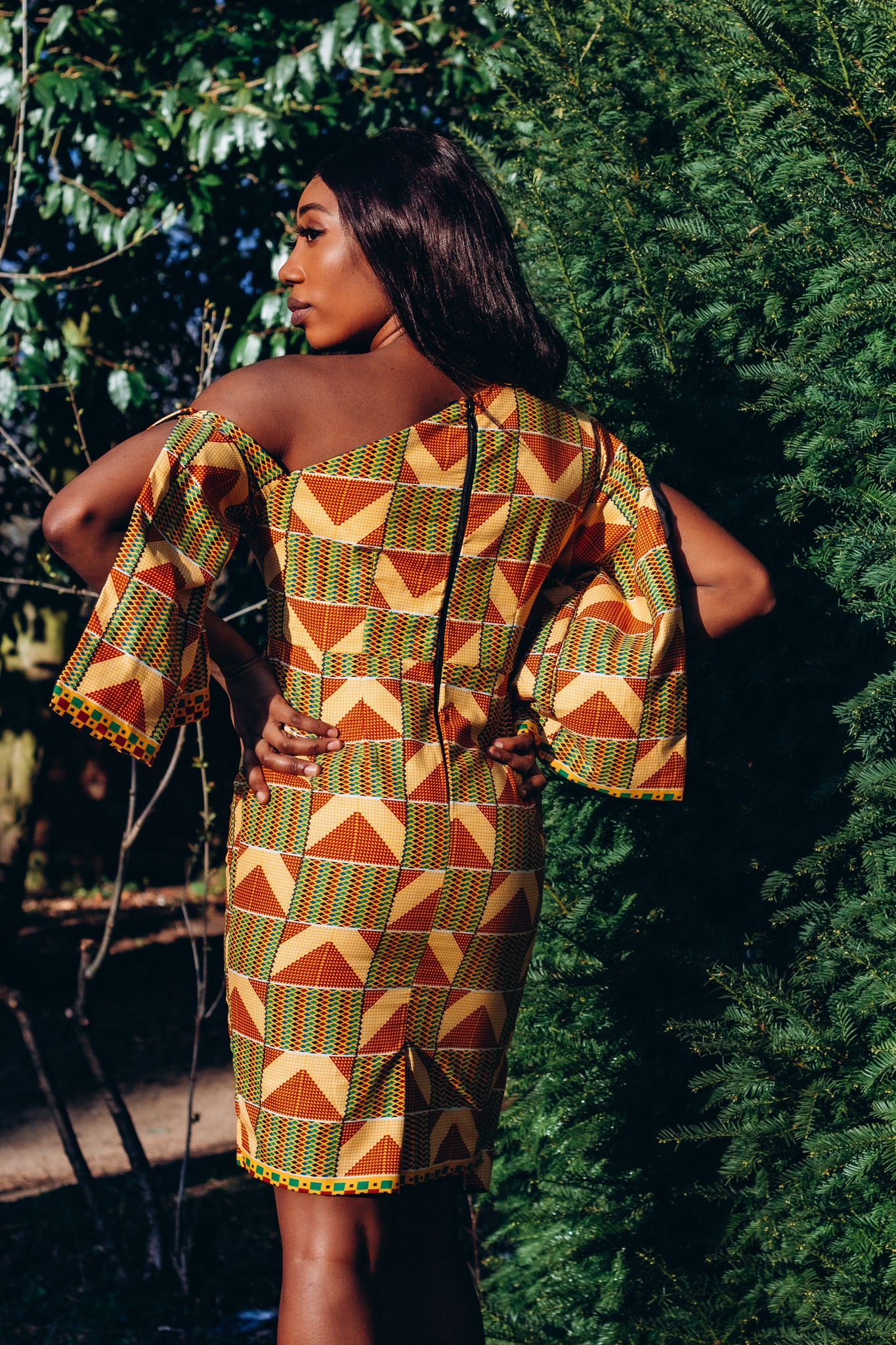  Yellow , green and orange Ama triangle African print Kente Knee high cape dress with long open sleeves, Off the shoulder and rippled button hole features