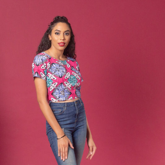 African print crop top made from hand selected ankara wax print in a striking pink, blue and white pattern