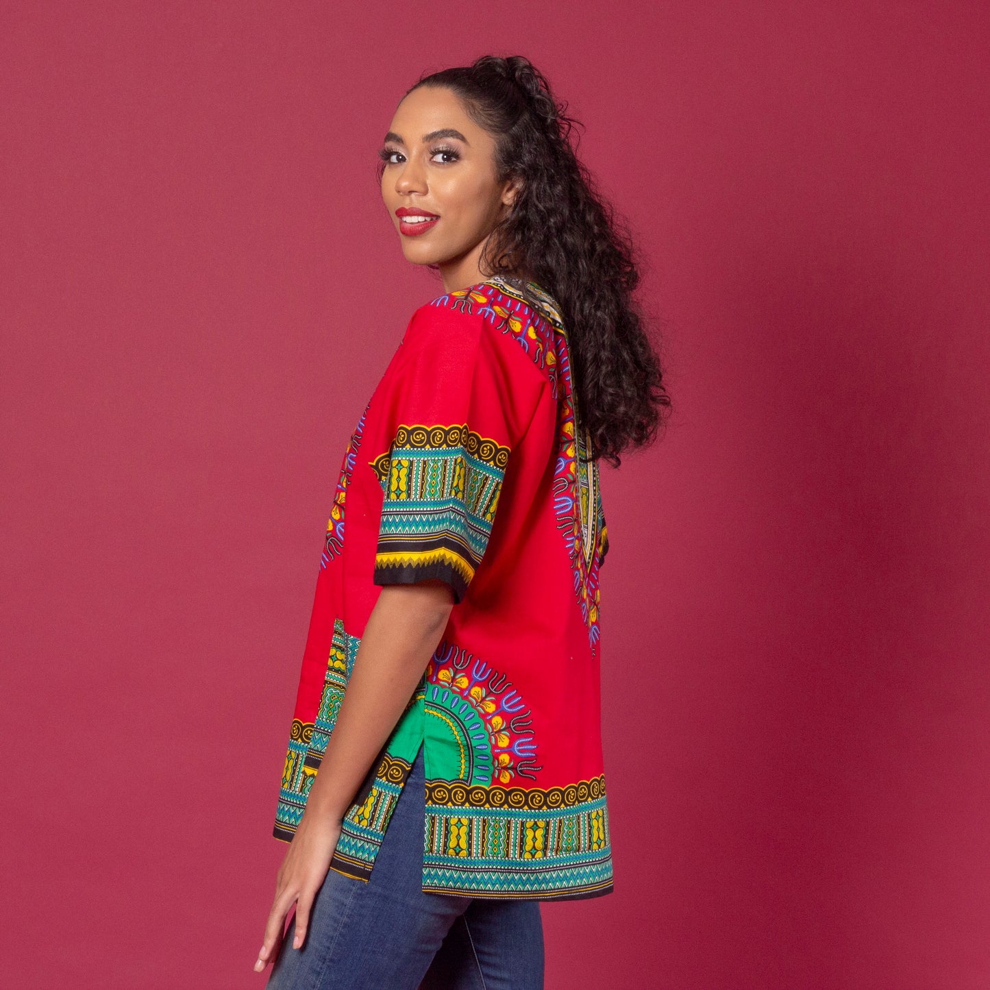 Unisex red african print classic danshiki also known as dashiki