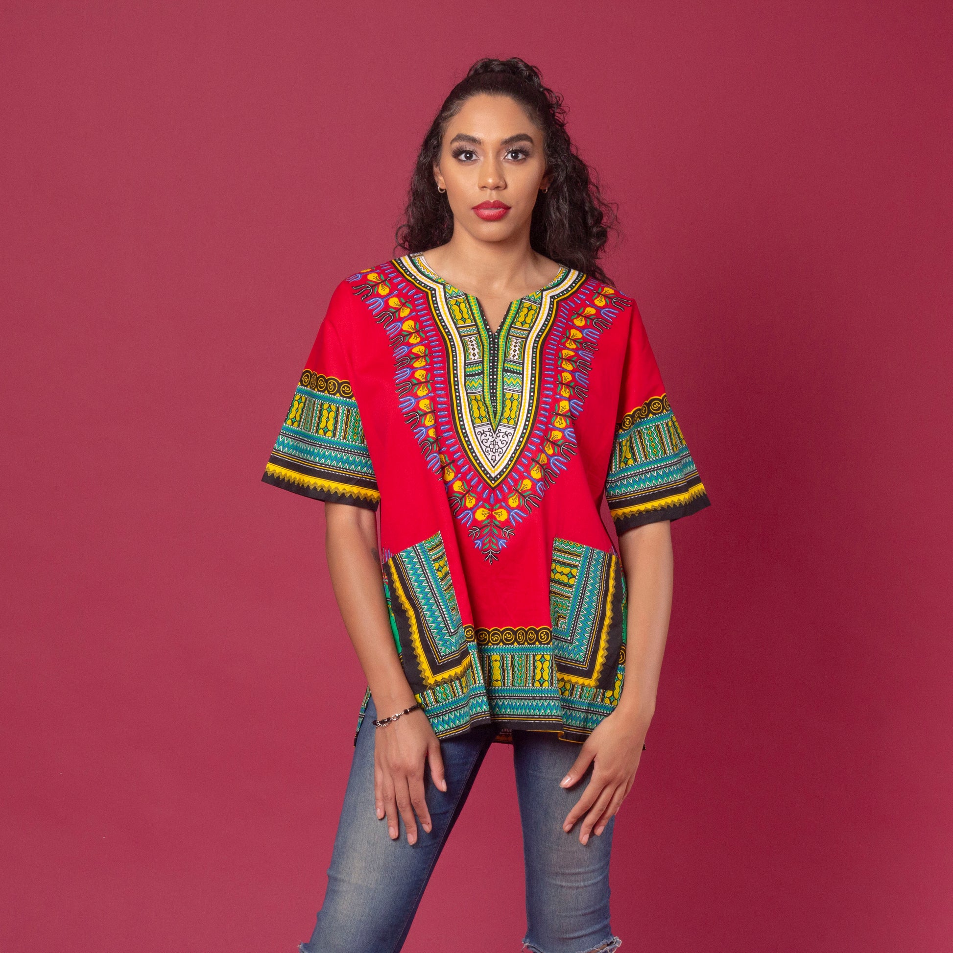 Unisex red african print classic danshiki also known as dashiki