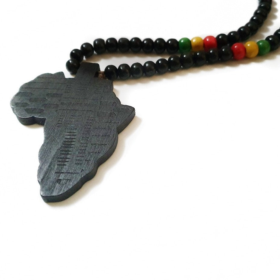Black wooden map beaded necklace made from black, red, gold and green beads