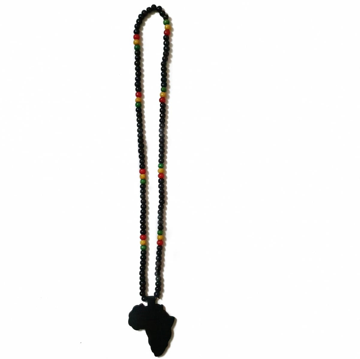 Black wooden map beaded necklace made from black, red, gold and green beads