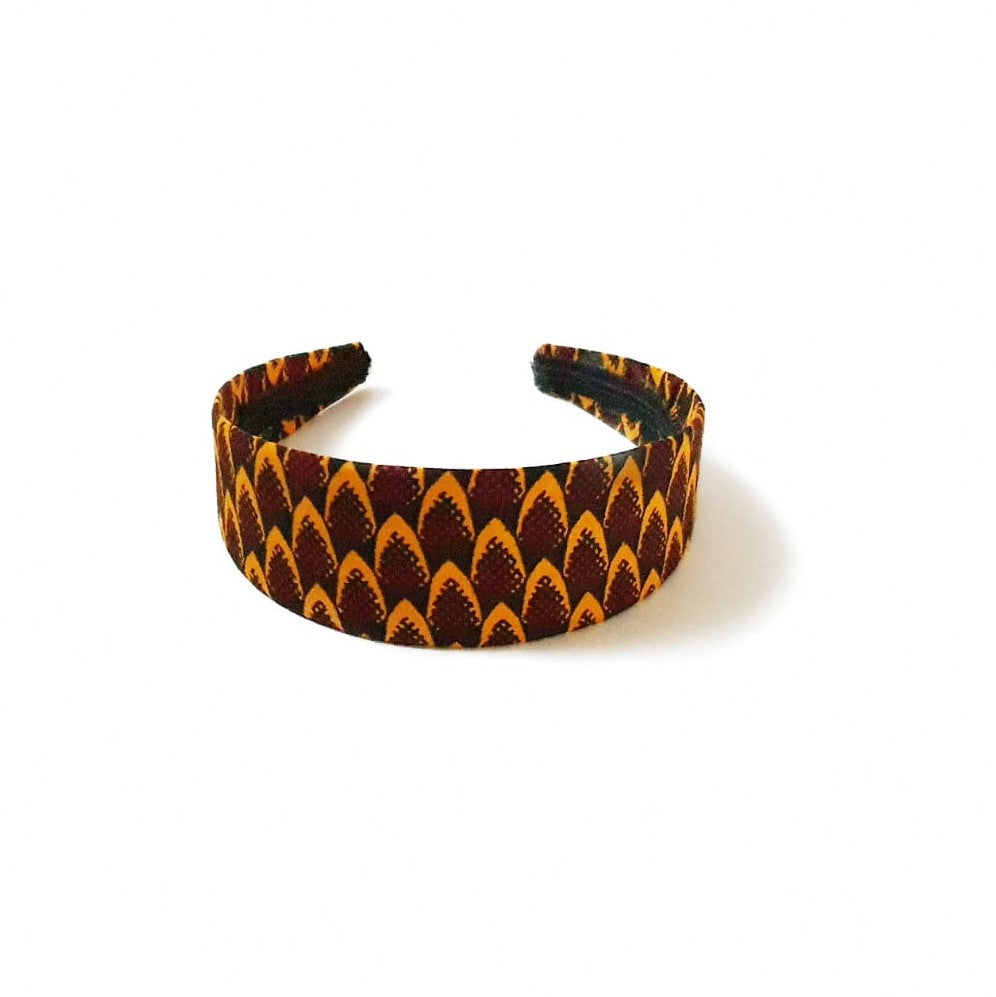 African print wrapped alice headband made from yellow and burgundy ankara wax print 