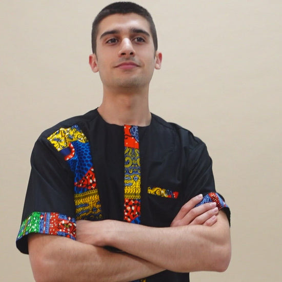 The Sade Patchwork Kaftan Top is a linen fabric trimmed with sustainable Ankara wax print in a vibrant multi-coloured mandala patchwork pattern. Designed in England Made in Nigeria, Available in standard and plus sizes (UK XS-5XL). 