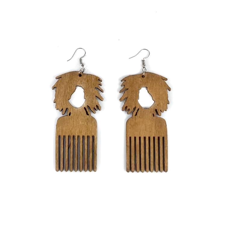 Afro comb shapped earrings made from sustainably sourced wood 