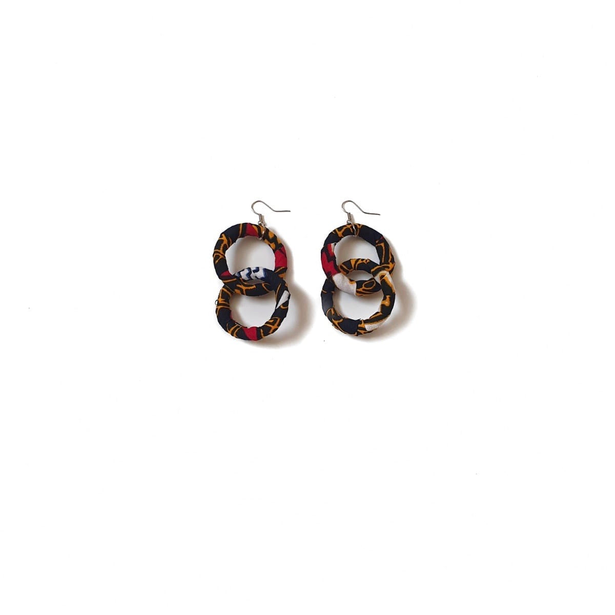 African wax print earrings in a red, black, white and yellow floral pattern on a white background